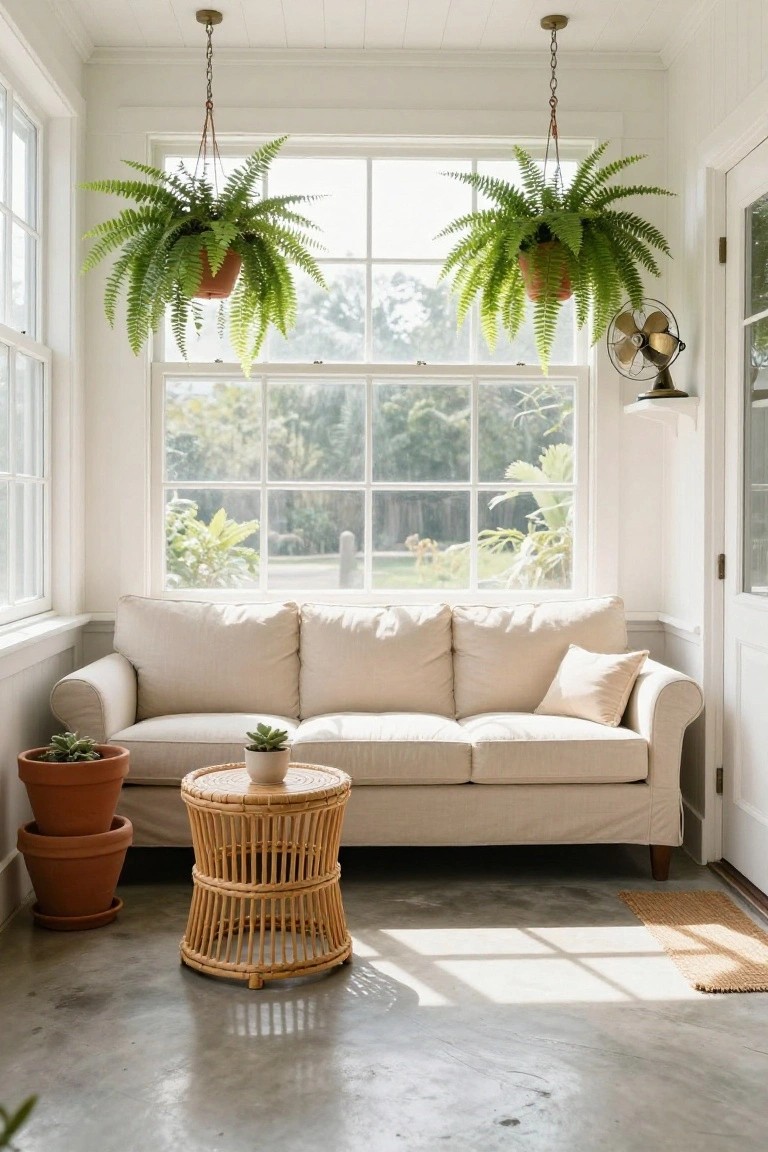 Sunroom interior featuring a creamy beige three-seater sofa, rattan coffee table with succulent, two terracotta pots, hanging ferns, large multi-pane windows showing greenery outside, polished concrete floor, and brass ceiling fan.