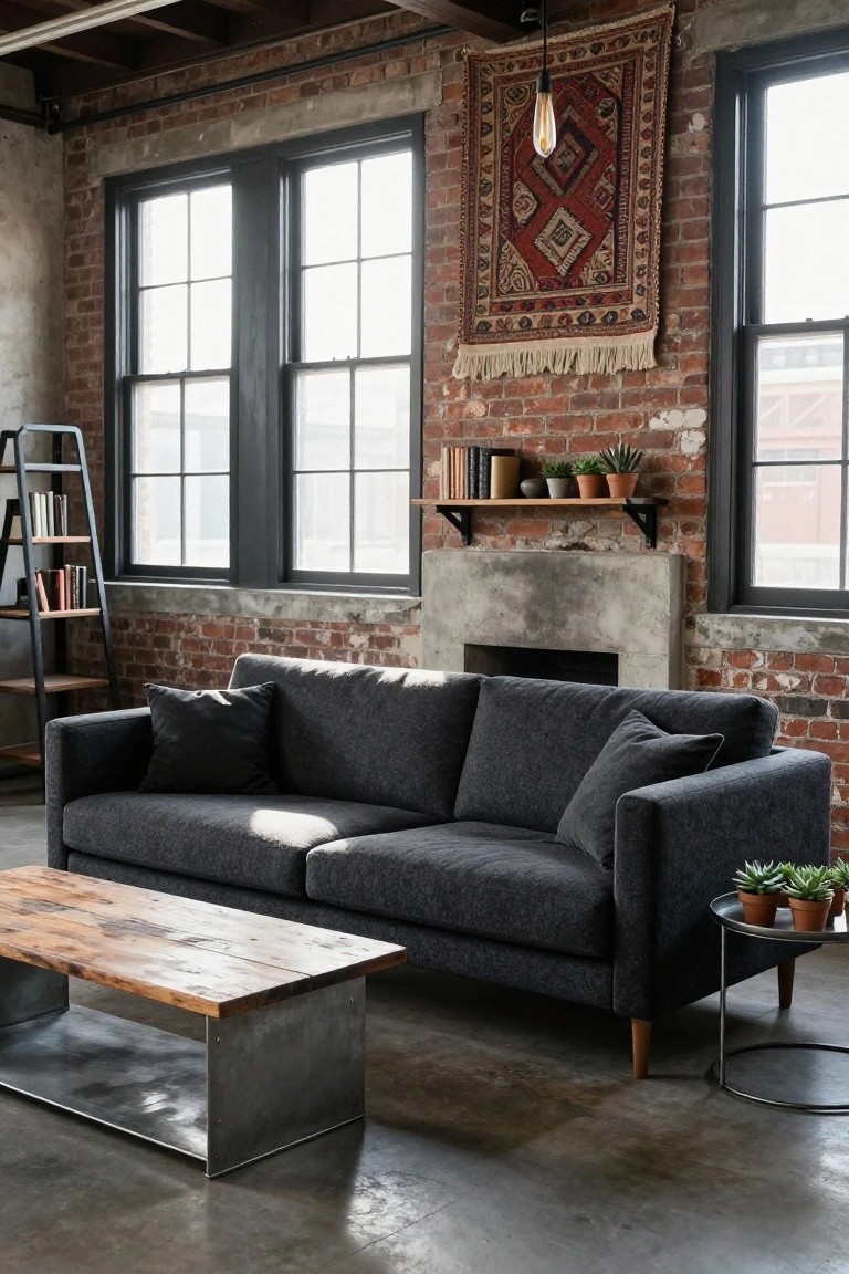 Living room in an industrial loft with exposed brick walls, a dark gray fabric sofa, reclaimed wood and metal coffee table, bookshelves, potted plants, and a concrete fireplace.