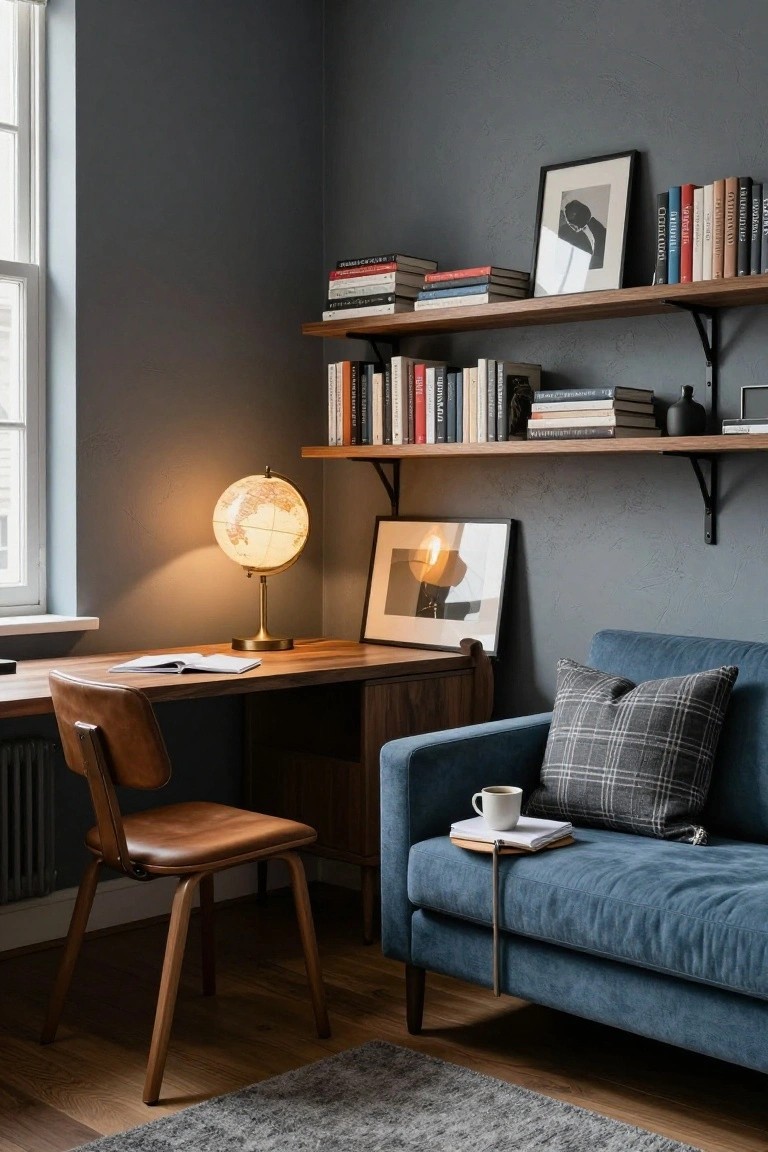 Corner of a gray-walled room with wooden desk, brown leather chair, deep blue velvet sofa with pillows and white mug on attached tray, floating wood bookshelves, globe lamp, and framed artwork.