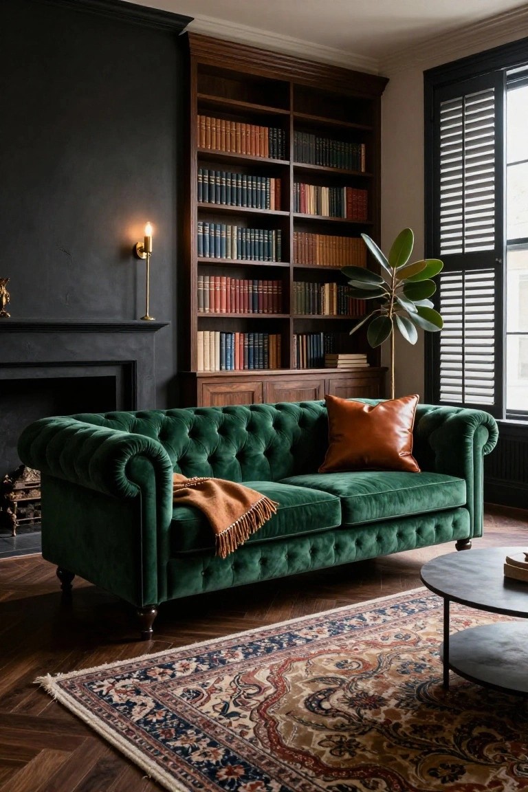 A green velvet tufted Chesterfield sofa in a living room with dark walls, wooden bookshelves, fireplace, potted plant near shutters, leather pillow, throw blanket, coffee table, and patterned rug on herringbone floor.