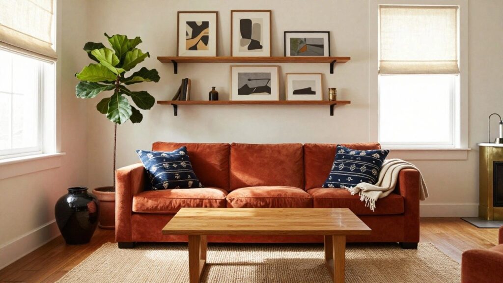 Living room with burnt orange velvet sofa, neutral walls hung with abstract art and shelves, fiddle leaf fig plant in terracotta pot, wooden coffee table holding a black vase, seagrass rug, and linen roman shade on window.