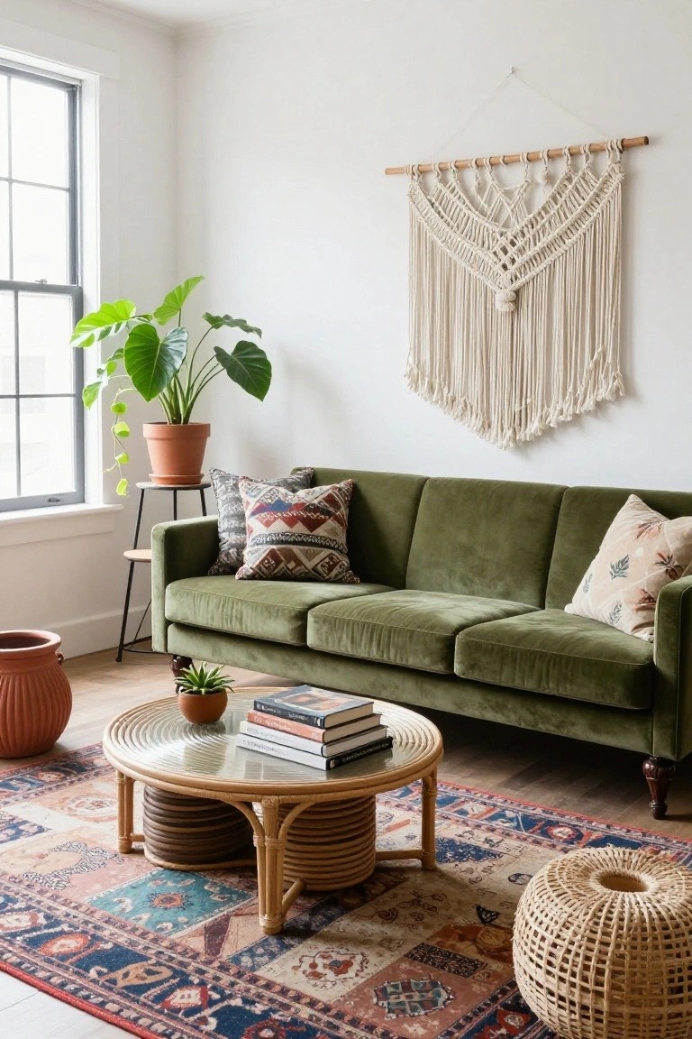 A cozy living room with a green velvet three-seater sofa, colorful throw pillows, rattan coffee table with books, potted plants, macrame wall hanging, and a patterned rug on hardwood floors.