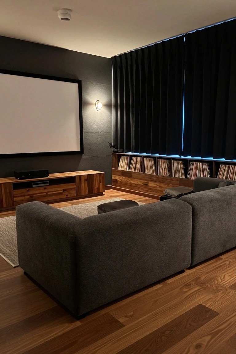 A dimly lit home theater room with a large gray L-shaped sofa, wooden media console holding an AV receiver, projector screen on a dark wall, black curtains with blue LED lighting, vinyl record shelves, and a small round ottoman.