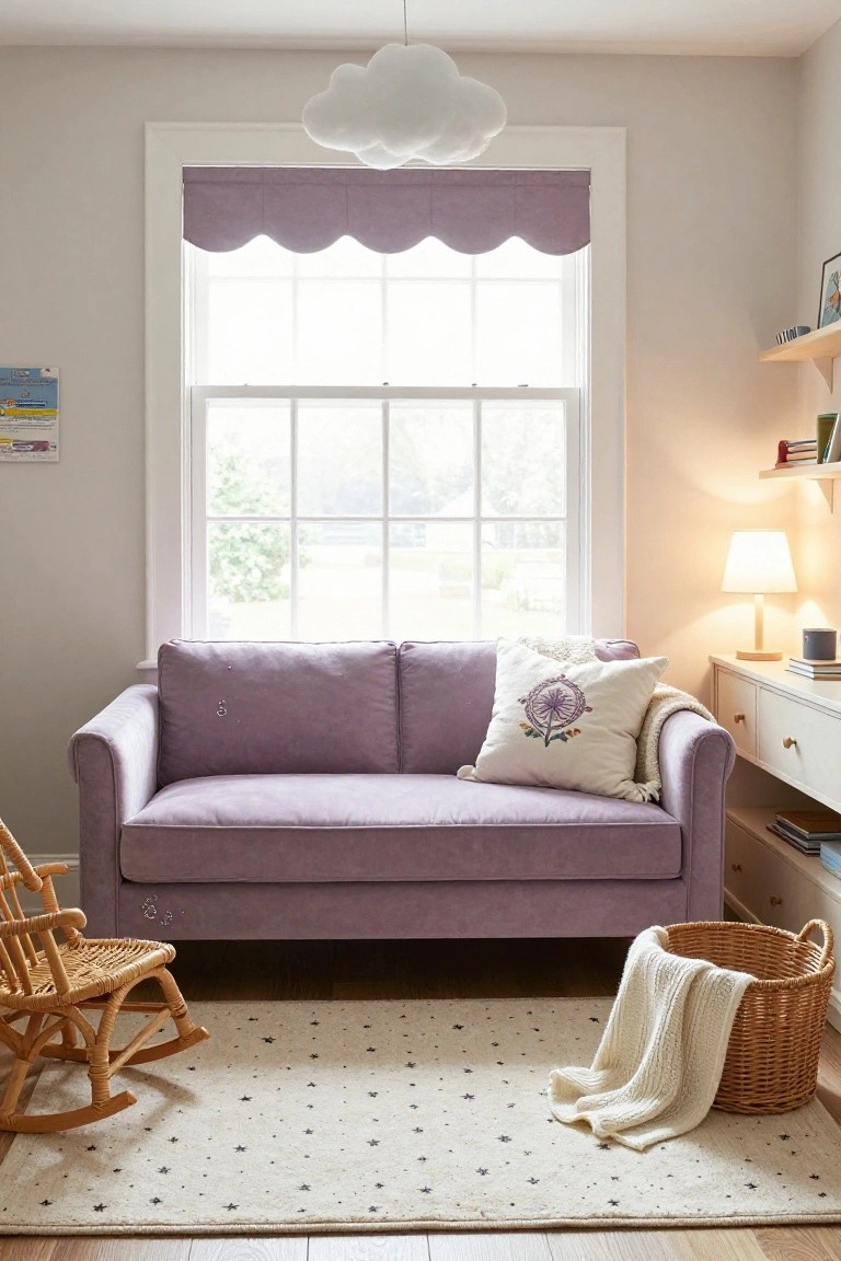 Cozy room interior with lavender velvet sofa, wooden rocking chair, white cloud lamp hanging from ceiling, purple window curtain, neutral rug, and side table with lamp.