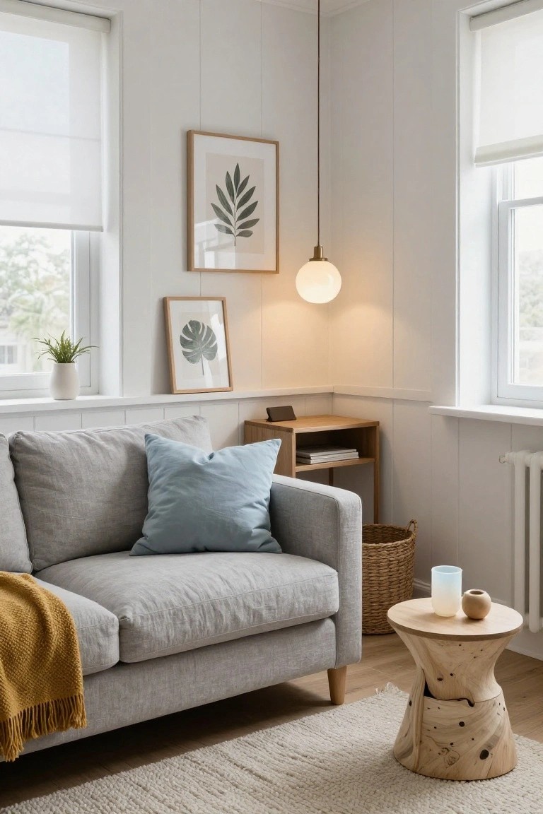 Light gray fabric sofa with blue accent pillow and yellow throw blanket in a white-paneled living room with sheer window blinds, framed leaf artwork, wooden side table and stool, potted plants, and woven basket.