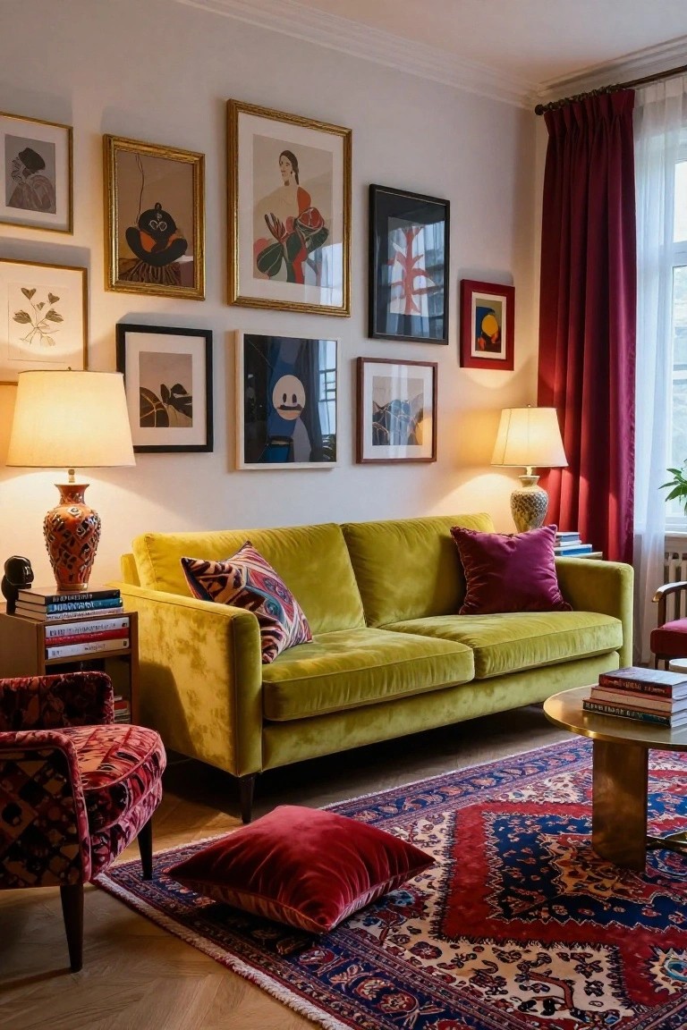 A living room with a bright lime green velvet sofa, eclectic framed artwork on white walls, two armchairs in red velvet, patterned pillows, brass side tables, lamps, books, and a red and blue Persian rug on hardwood floors.