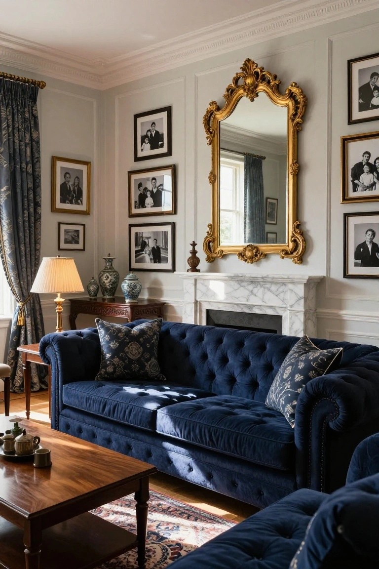 Living room with navy blue velvet tufted sofa facing marble fireplace, ornate gold mirror on wall surrounded by black-and-white framed photos, blue drapes, wooden side tables, and oriental rug.