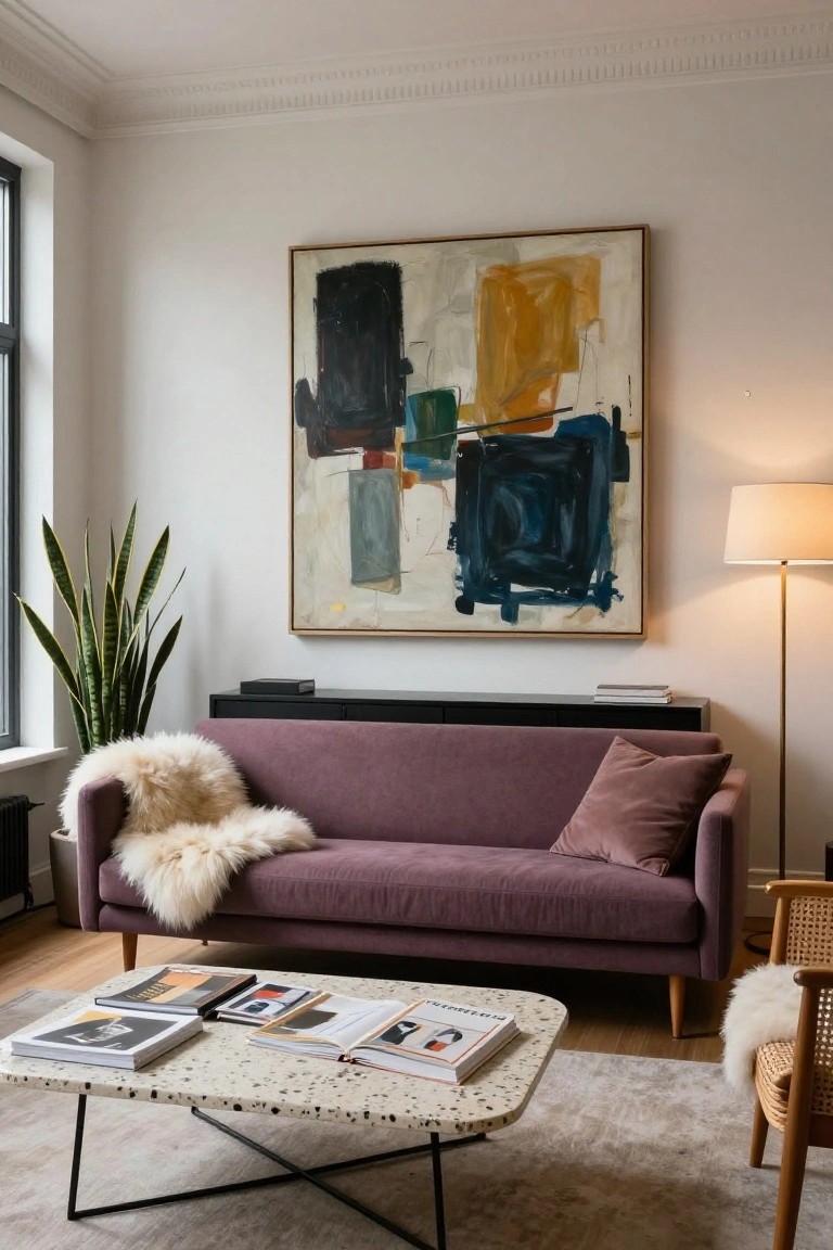 Living room with purple velvet sofa draped in sheepskin throw, terrazzo coffee table holding books and magazines, large abstract painting on wall, snake plant, black credenza, floor lamp, and rattan chair on wood floor with rug.