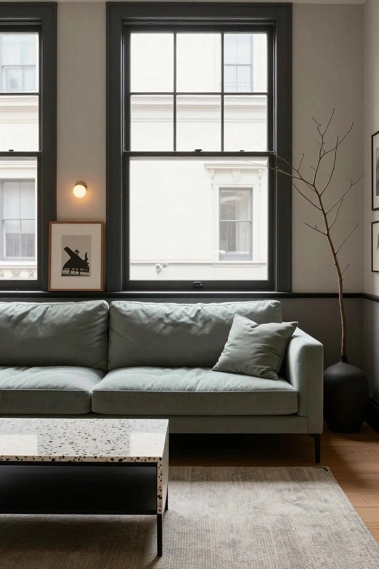 A modern living room featuring a sage green linen sofa, white terrazzo coffee table with black base, large black-framed windows, a framed piano silhouette artwork, tall bare branch in black vase, and neutral walls with wood floors.