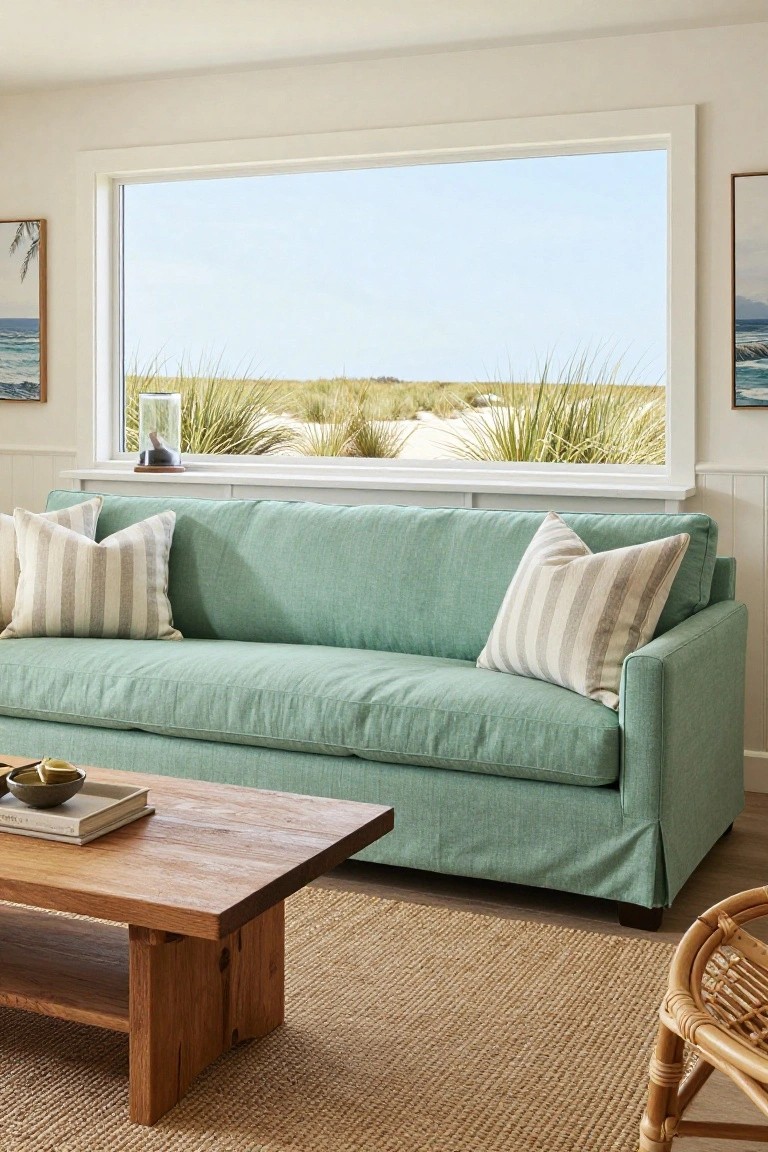 Light living room with seafoam green fabric sofa, striped pillows, wooden coffee table with books, seagrass rug, rattan chair, glass lamp, and large window overlooking beach dunes and sea grass.