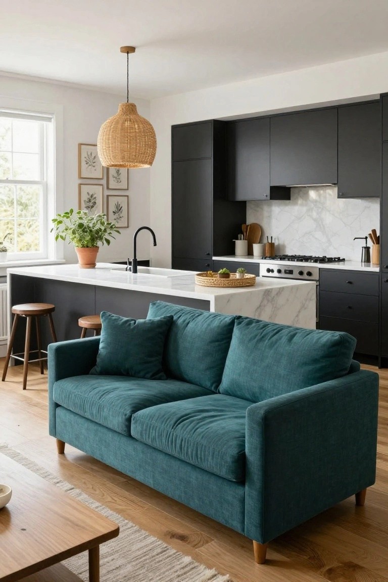 Teal upholstered sofa positioned near a white marble kitchen island with black cabinets, wooden bar stools, and a rattan pendant light in an open indoor living space.