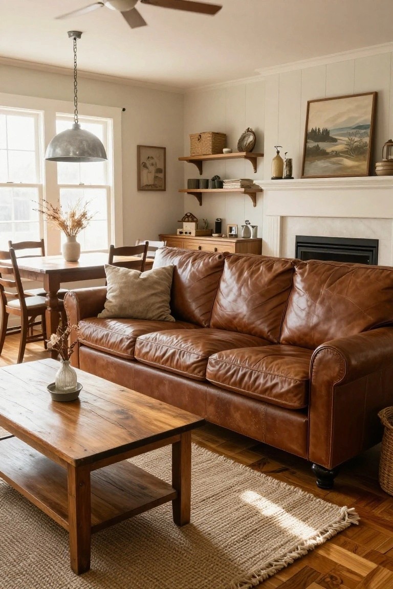 A sunlit living room with a large brown leather sofa, wooden coffee table with vase, nearby dining table and chairs, white paneled walls, fireplace, and open shelves.