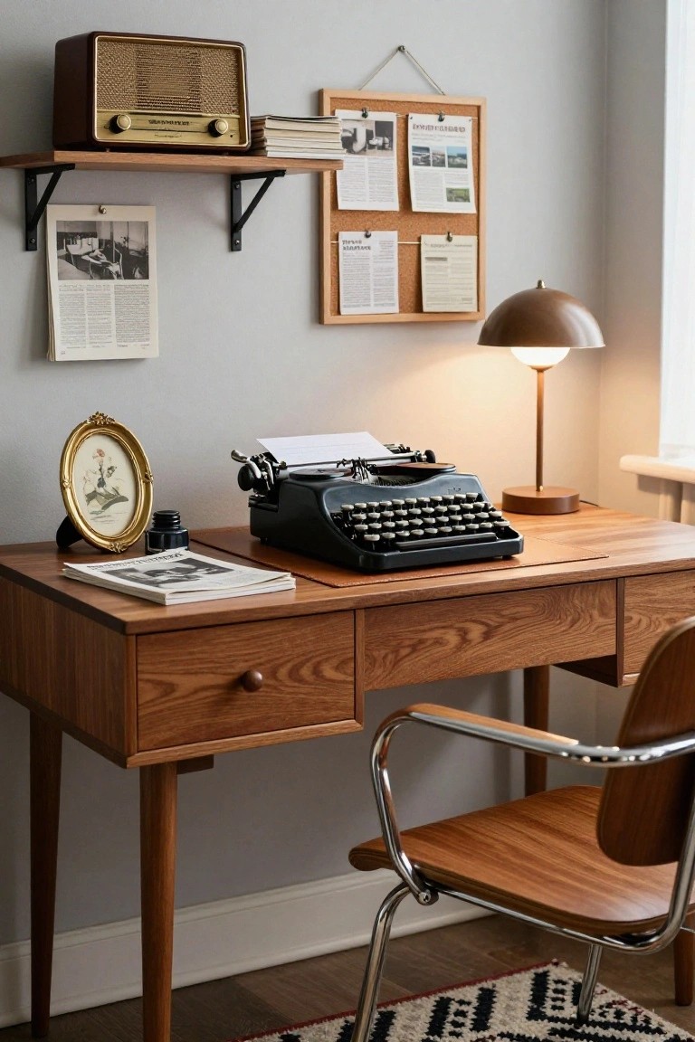 A light gray home office corner with oak desk topped by black typewriter, gold ink bottle, newspapers, Eames-style wooden chair, retro radio on wall shelf, and lamp nearby.