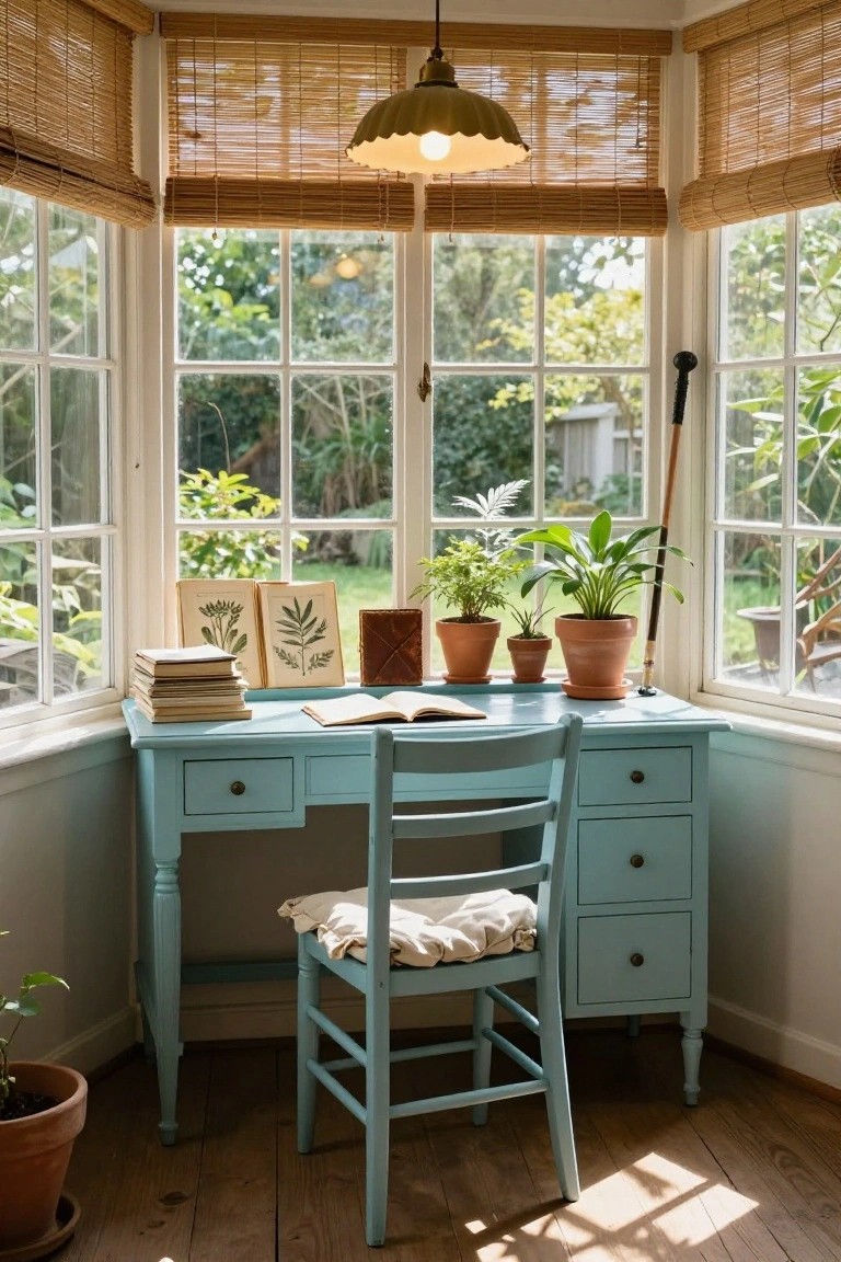 Turquoise wooden desk and chair in a bay window corner with bamboo blinds, potted plants, stacked books, and botanical prints on the surface, overlooking a lush garden.