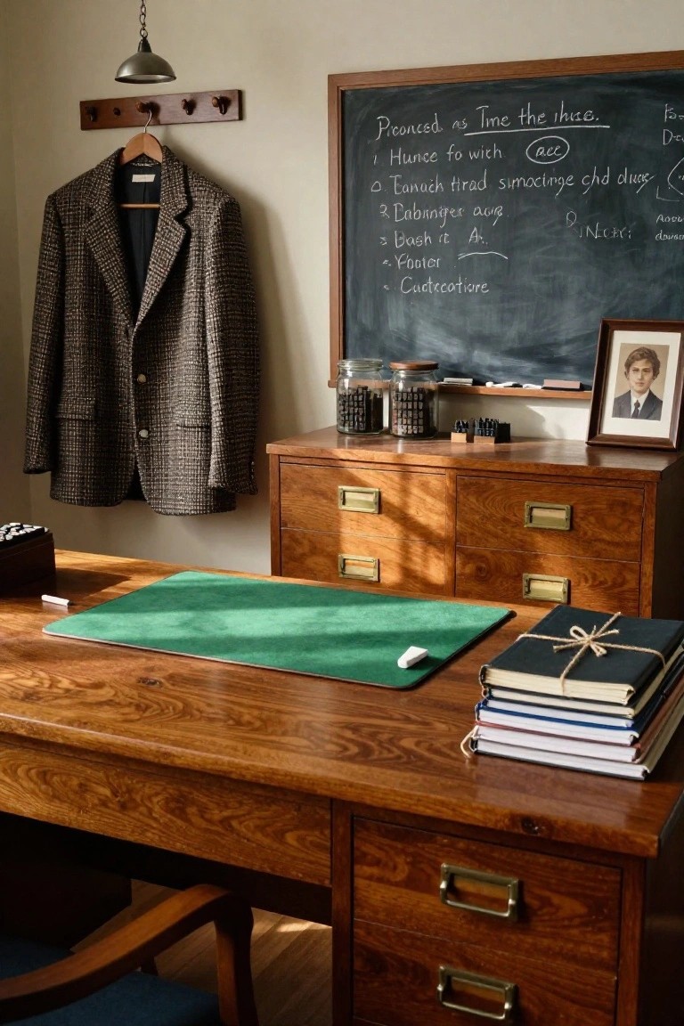 Vintage home office with wooden desk topped by green blotter and stacked books, adjacent tall wooden cabinet with brass pulls, blackboard displaying phonetic pronunciations, hanging tweed jacket, and glass jars of letter blocks.
