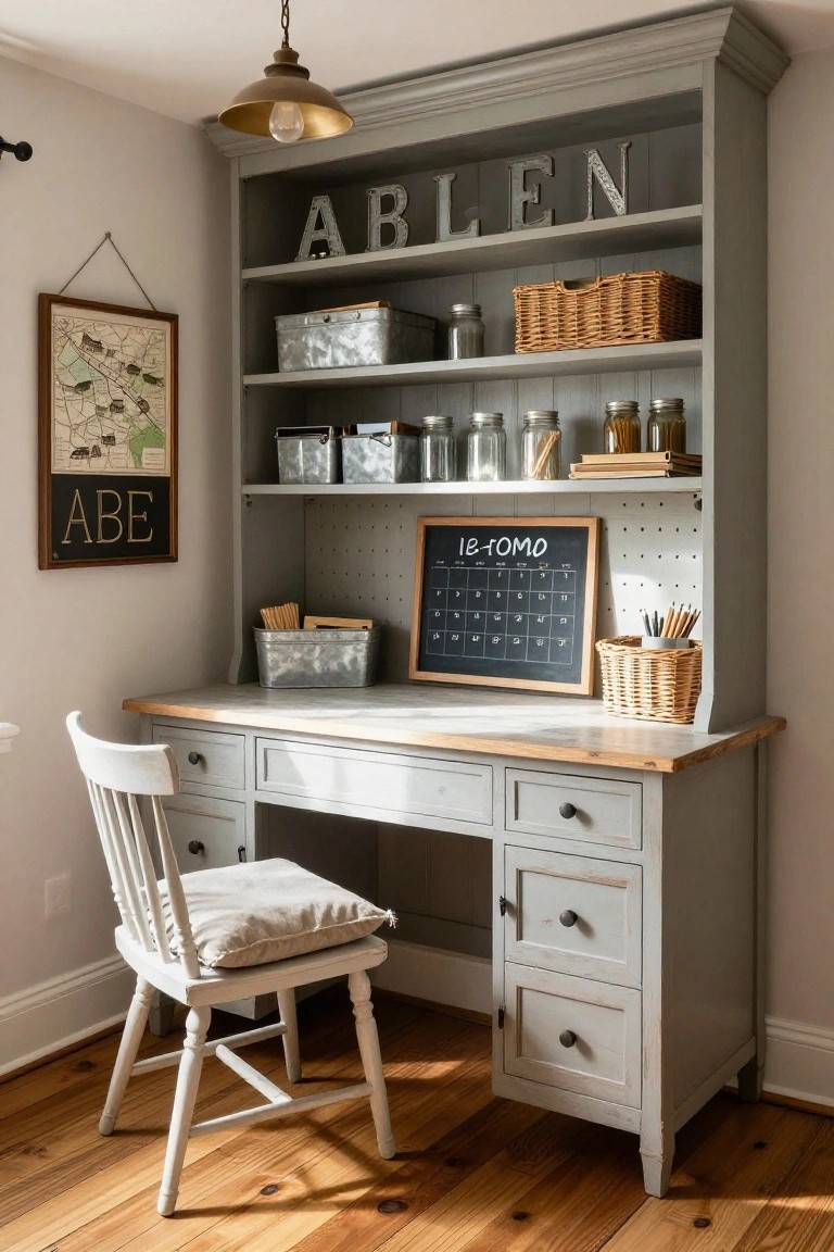 Gray painted built-in cabinet with open shelves holding metal bins, glass jars, wicker baskets, books, and supplies above a wooden-topped desk with drawers, metal tray, chalkboard calendar, and white wooden chair in a room with hardwood floors.