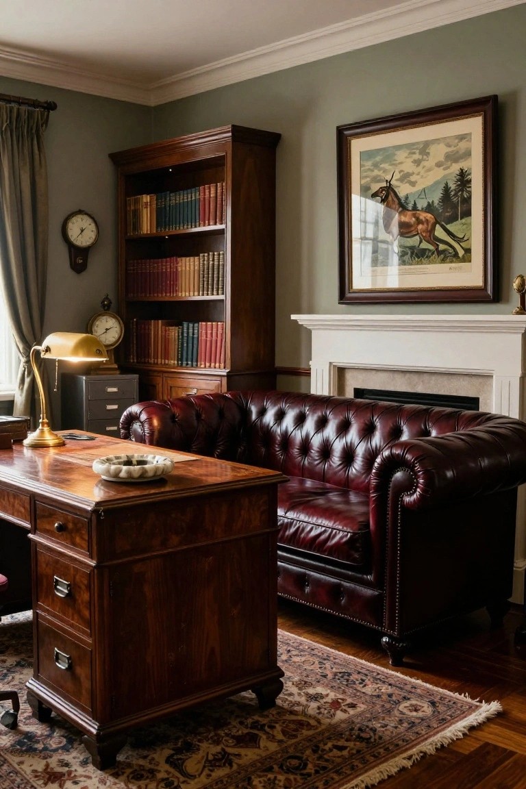 Vintage home office interior featuring wooden bookshelves filled with books, a red tufted leather Chesterfield sofa, antique wooden desk with drawers, green walls, brass desk lamp, wall clock, and marble fireplace.