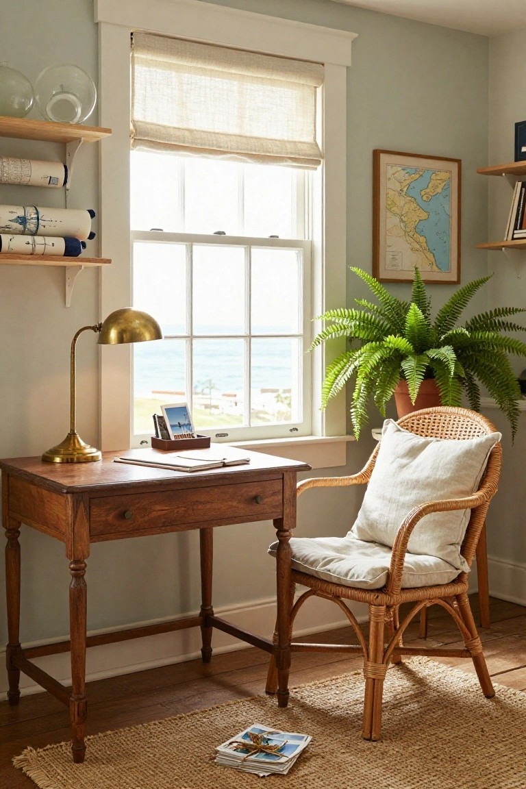 Pale green room featuring wooden desk with brass gooseneck lamp, rattan armchair with white cushion, linen window shade overlooking ocean, wall map, fern plant, and shelves with rolled nautical charts.