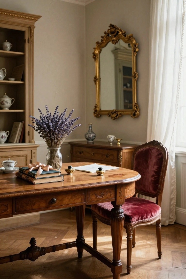 Vintage office corner with wooden desk topped by stacked books, lavender bouquet in glass vase, brass inkwell, and paper; red velvet chair nearby; wooden armoire, gold mirror, and sheer curtained window in beige room with parquet floor.