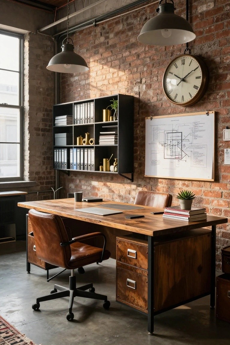 Home office interior with exposed red brick walls, large wooden desk, brown leather desk chair, black metal wall shelves with binders and gold accents, large wall clock, blueprint board, pendant lights, and potted plants.