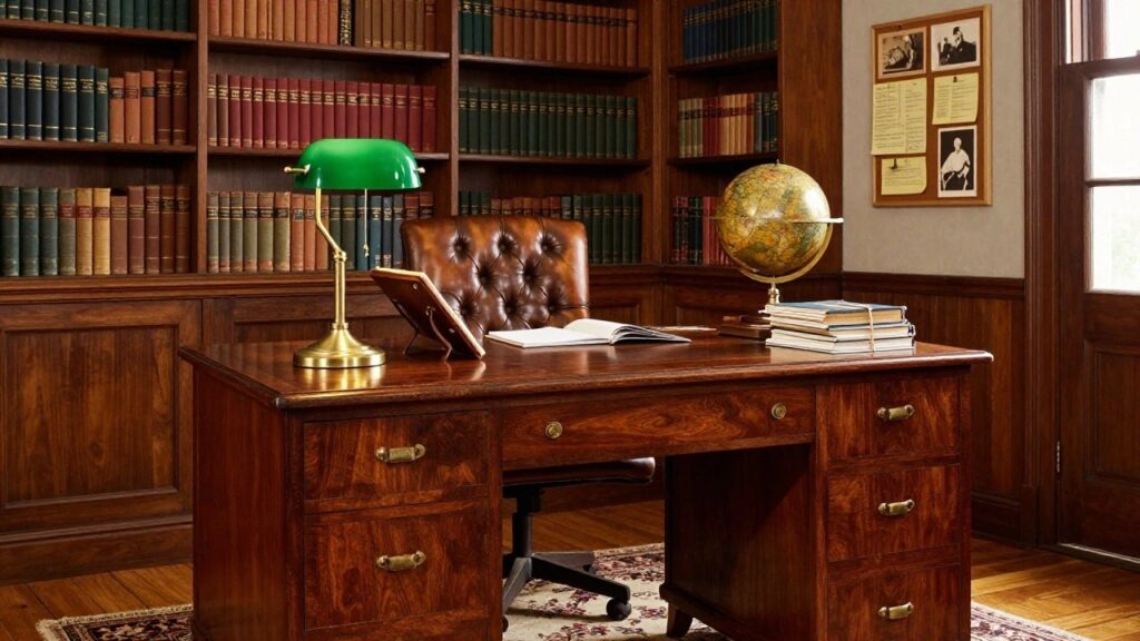 Wood-paneled office interior with floor-to-ceiling bookshelves, burled wood desk, leather armchair on wheels, brass globe, green banker's lamp, and window.