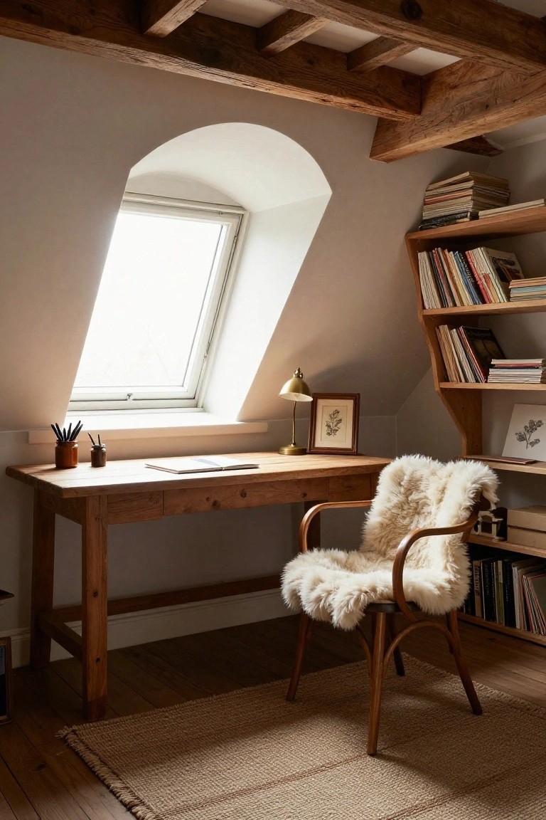 Attic room converted to home office with exposed wooden beams, sloped white ceiling, arched skylight window, wooden desk with pens and notebook, sheepskin-draped bentwood chair, brass lamp, and corner bookshelves filled with books.