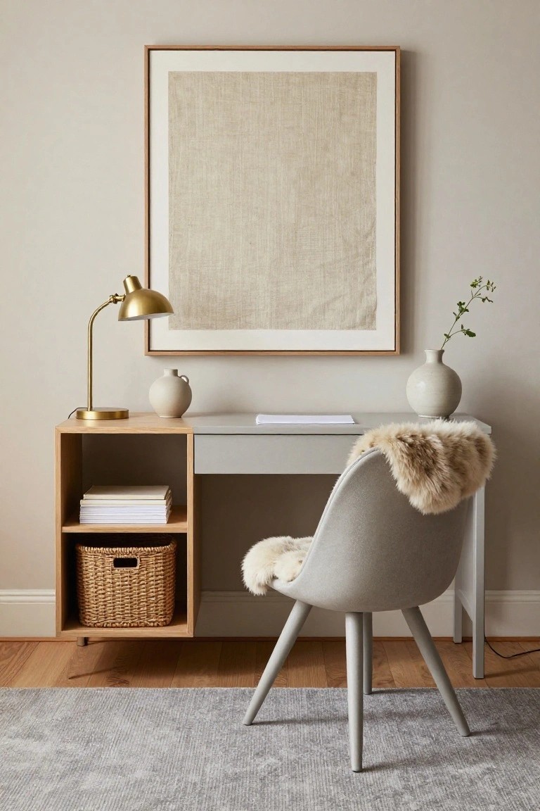 A light wood desk with open shelving and woven basket sits against a neutral wall in a home office, with a grey egg-shaped chair draped in light brown sheepskin, gold desk lamp, ceramic vases, and large framed linen artwork above.