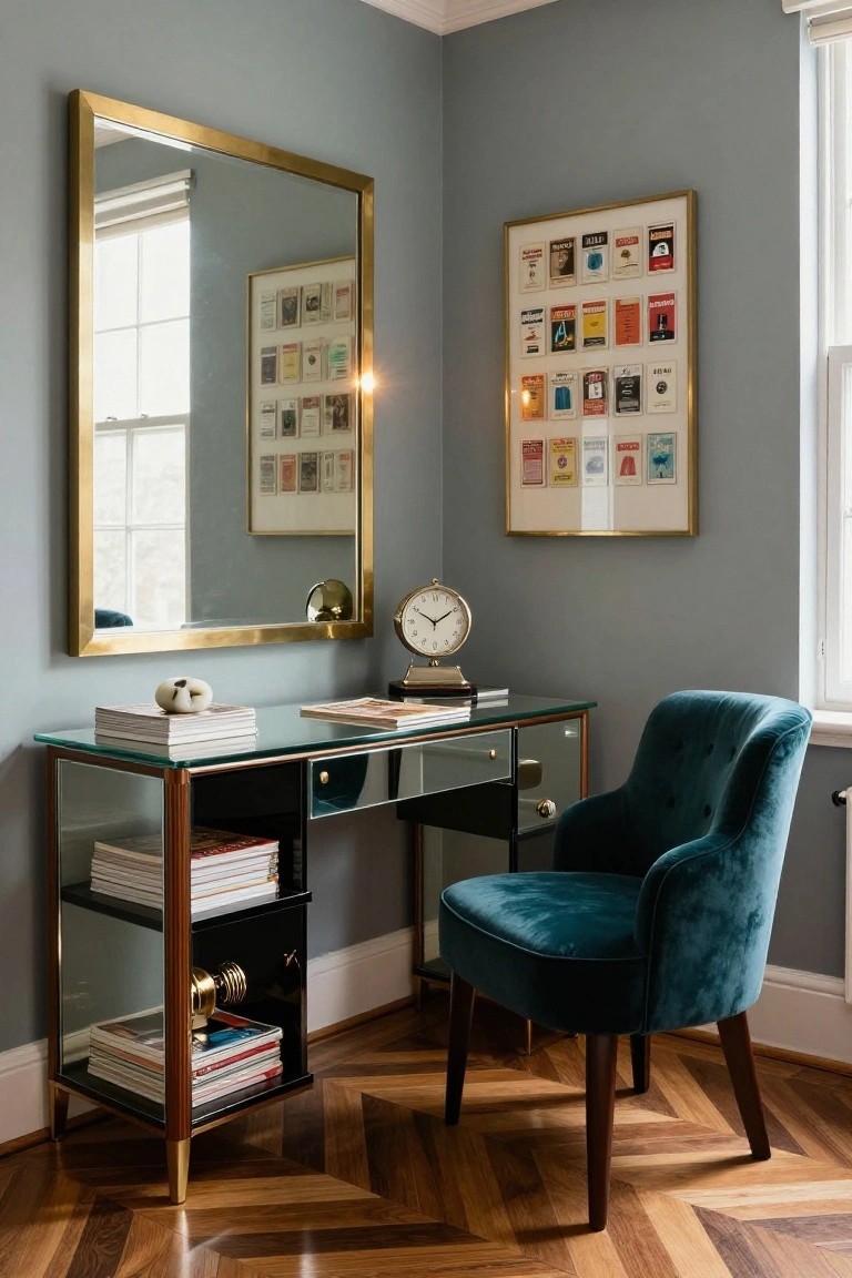 Corner of a gray-walled room with a glass-topped desk on brass legs, teal velvet armchair, large brass mirror, brass clock, and framed vintage posters beside a window with parquet flooring.