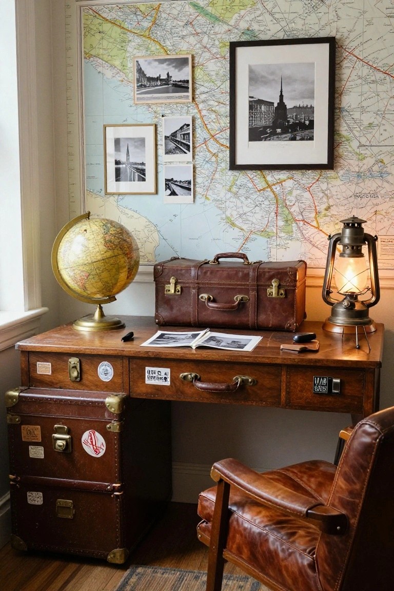 Wooden desk with globe, papers, and lamp in a vintage office, leather suitcases stacked beside it, leather armchair, and walls with maps and black-and-white photos.