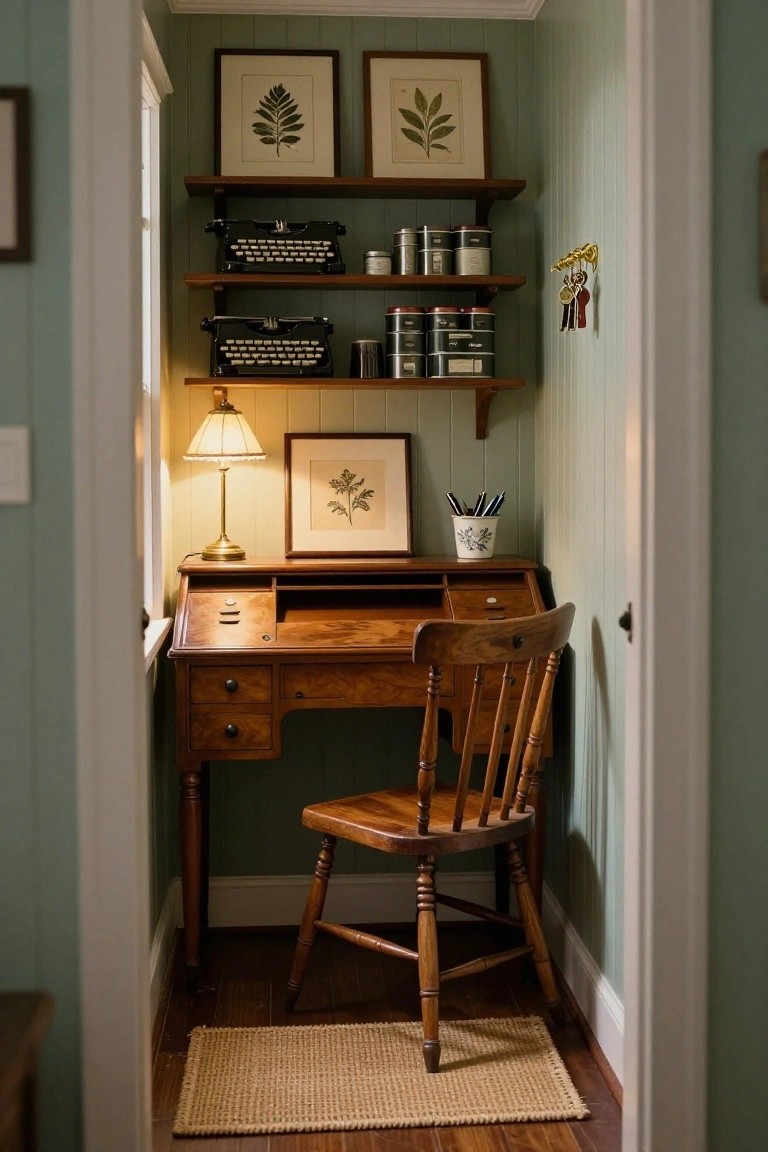 Narrow alcove office with sage green paneled walls, wooden secretary desk with chair, open shelves holding two typewriters and metal tins, botanical prints, table lamp, and pen mug.