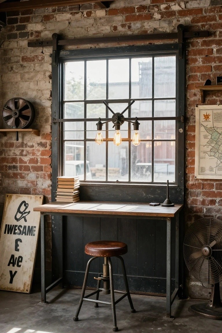 Exposed brick room featuring a wooden-top desk on black metal legs with a brown leather swivel stool, large industrial window, hanging Edison bulb lights, stacked books, vintage fan, and signage.
