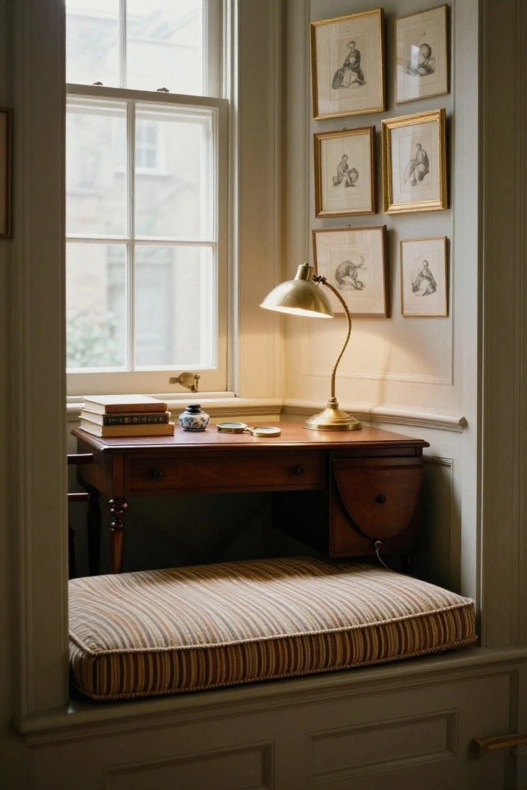 Wooden desk with stacked books, brass lamp, porcelain jar, and compass in a window alcove with striped cushioned bench seat and framed ink drawings on pale walls.