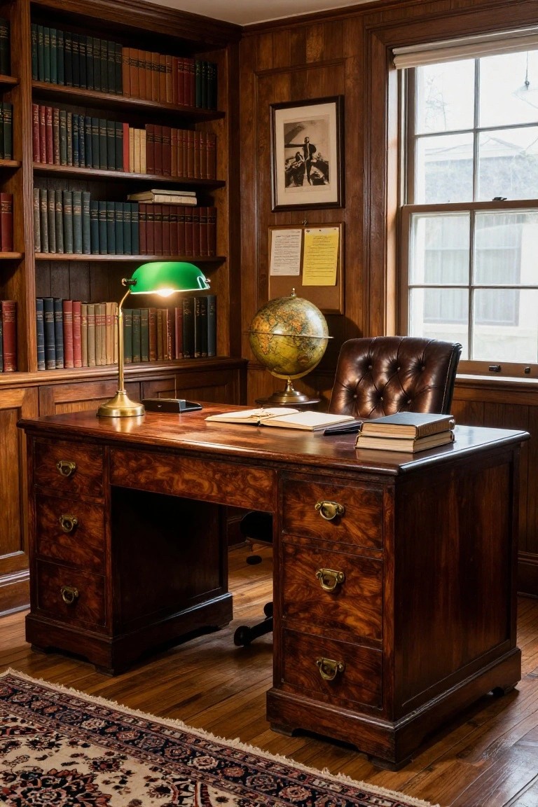 Wood-paneled office interior with floor-to-ceiling bookshelves, burled wood desk, leather armchair on wheels, brass globe, green banker's lamp, and window.