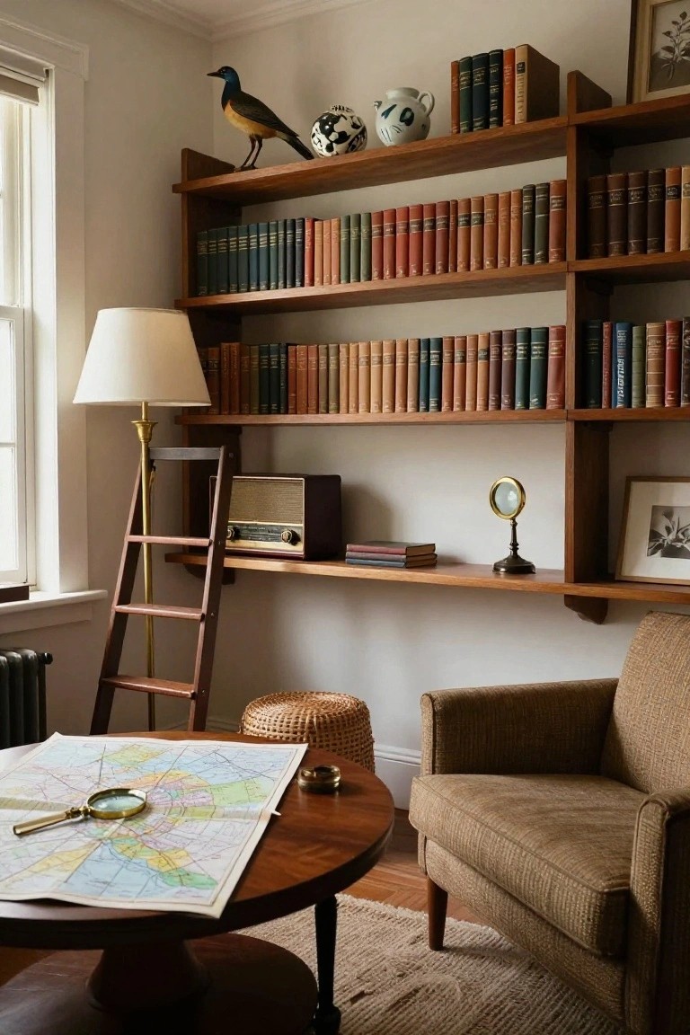 Vintage office interior with extensive open wooden bookshelves filled with colorful books, a leaning wooden library ladder, brass floor lamp, retro radio, wicker stool, upholstered armchair, and round wooden table holding a large map and magnifying glass.