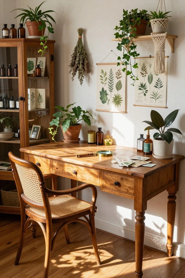 Sunlit vintage home office featuring a wooden desk with rattan chair, surrounded by potted plants, hanging dried herbs, ivy on shelves, botanical prints, and glass apothecary bottles in wooden cabinetry.