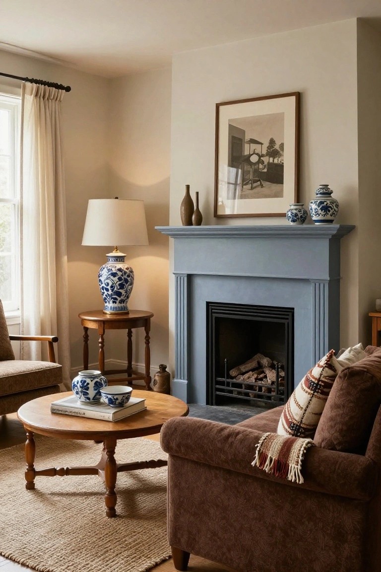 Living room with brown upholstered sofa and armchair near a blue fireplace mantel, wooden tables holding blue-and-white vases and a lamp, seagrass rug, and neutral walls.