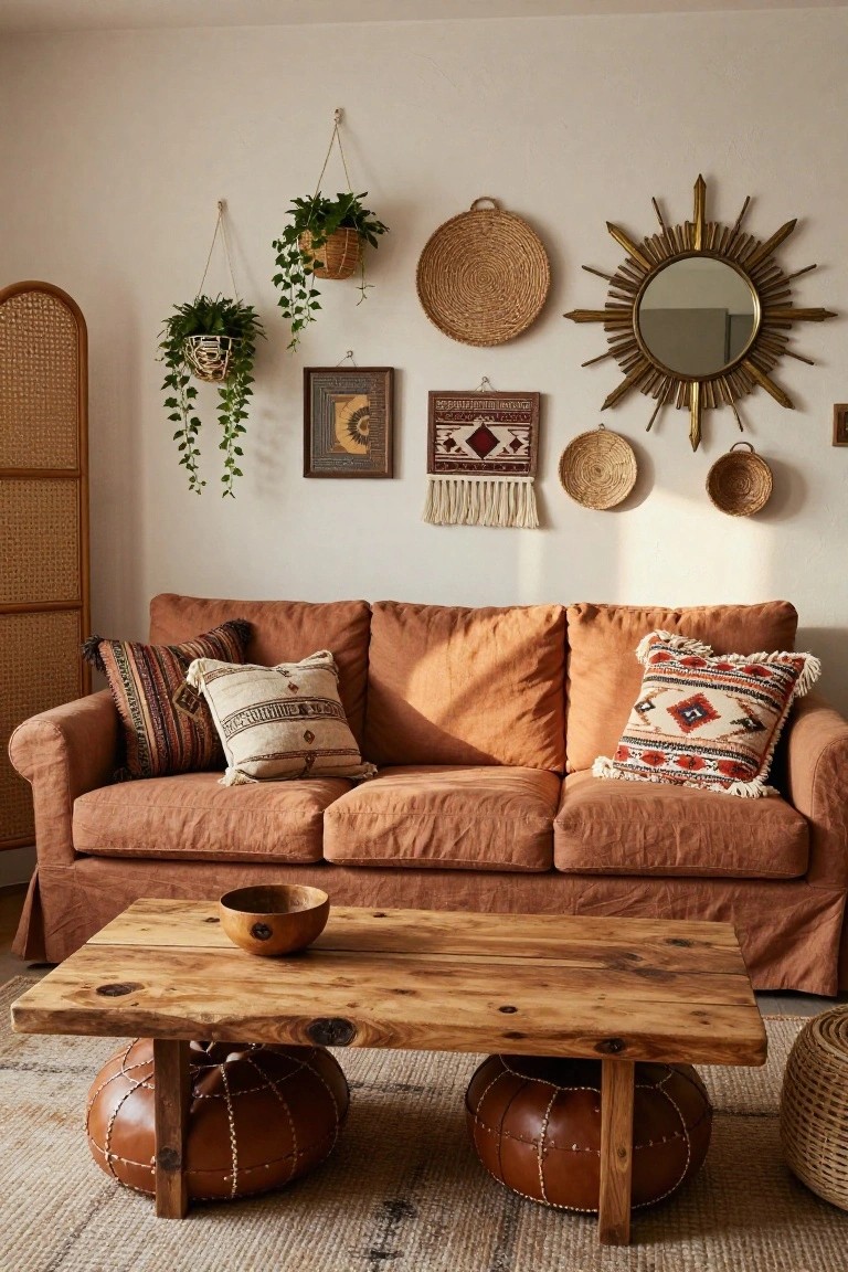 Terracotta slipcovered sofa with patterned pillows in a living room featuring hanging plants, woven wall hangings and baskets, rustic wooden coffee table on leather poufs, rattan screen, and sunburst mirror.