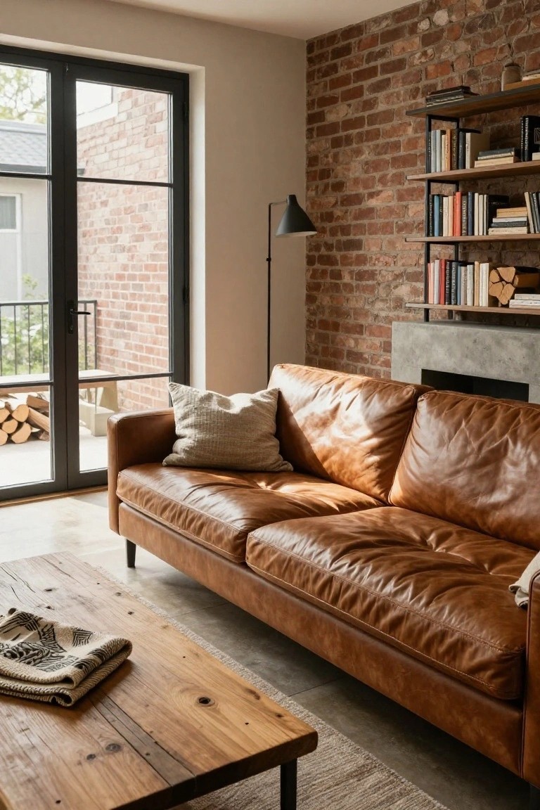 Living room interior with tan leather L-shaped sofa, exposed brick accent wall, metal bookshelves filled with books and stacked logs, concrete fireplace, rustic wooden coffee table with throw blanket, and black-framed glass doors to outdoor balcony.
