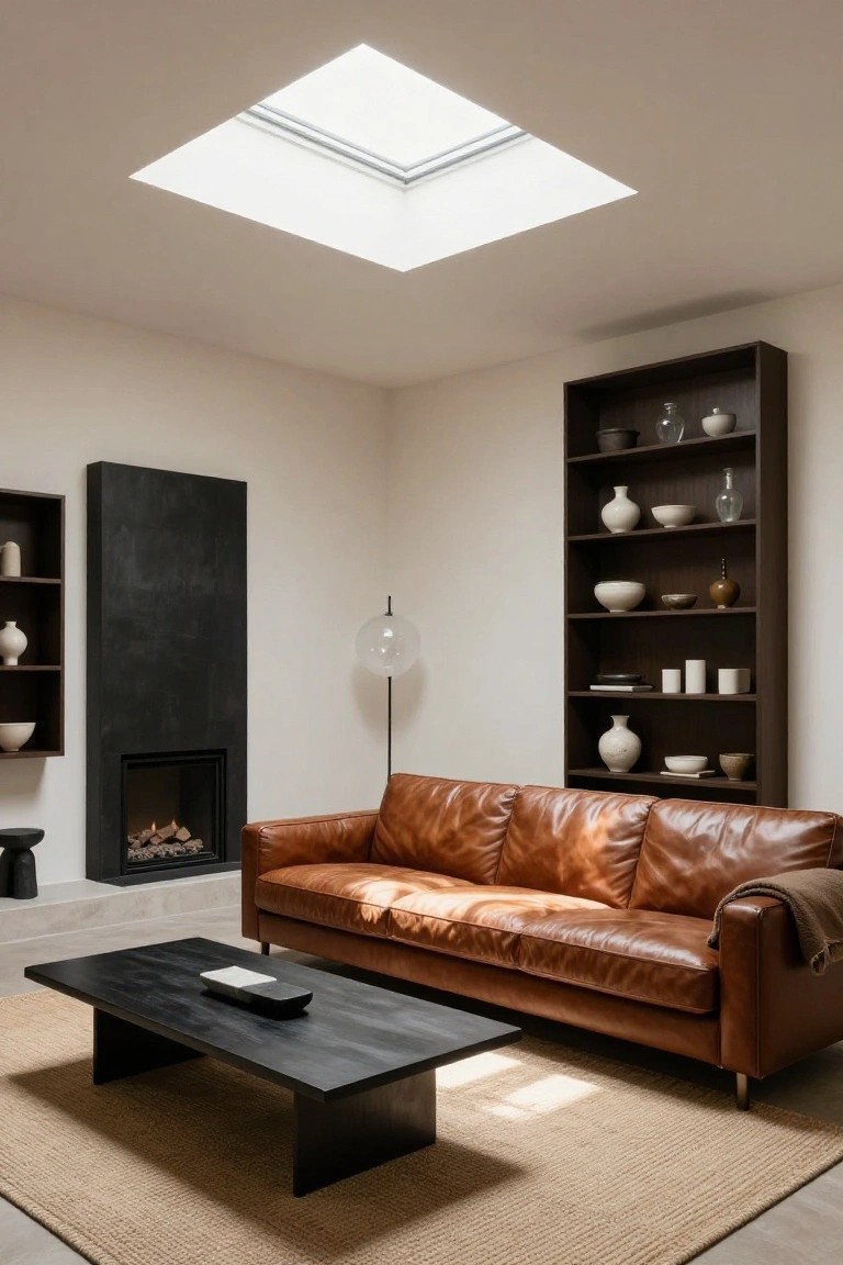 Modern living room with tan leather sofa, black rectangular coffee table, slim black fireplace, tall wooden bookshelf with white pottery and vases, glass globed floor lamp, skylight, and seagrass rug on light floor.