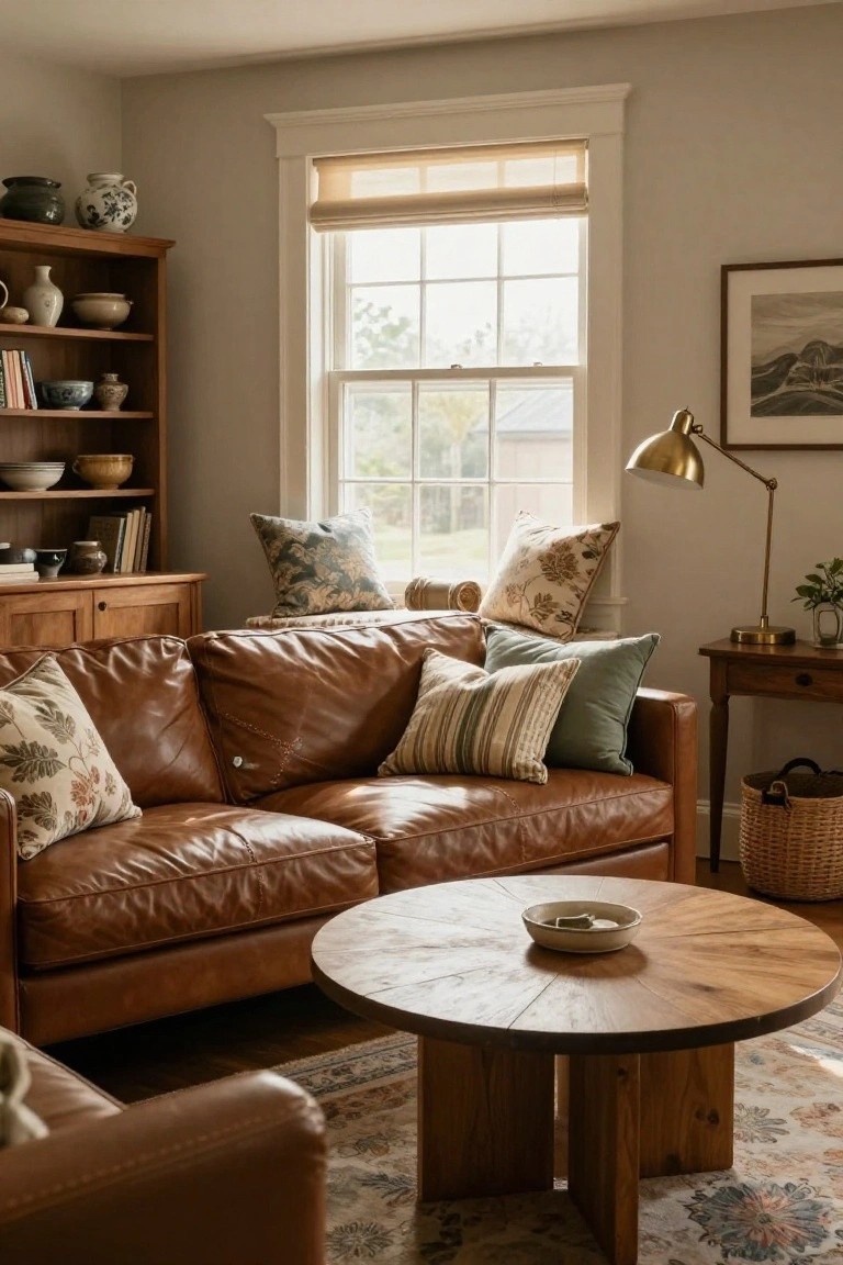 Cozy living room with brown leather L-shaped sofa covered in assorted patterned pillows, round wooden coffee table with a white bowl, wooden bookshelves displaying pottery and books, brass lamp on wooden side table, and window with beige shades.