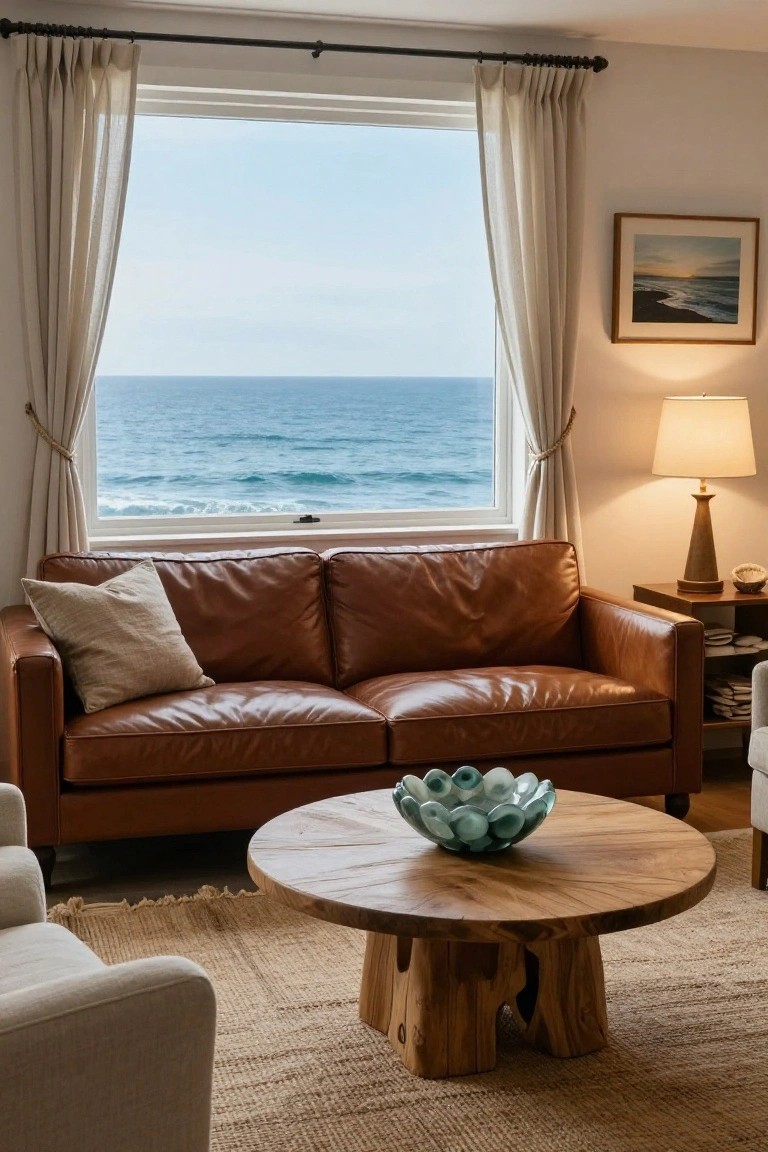 Living room with brown leather sofa facing large window overlooking ocean, wooden coffee table holding glass bowl, neutral armchair, lamp on side table, seagrass rug, and linen curtains.
