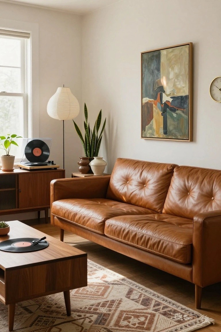 Living room with tan tufted leather sofa, wooden mid-century credenza topped with record player and plant, low wooden coffee table with vinyl record, potted plants including snake plant, abstract painting and clock on white walls, paper floor lamp, and woven rug on wood floor.