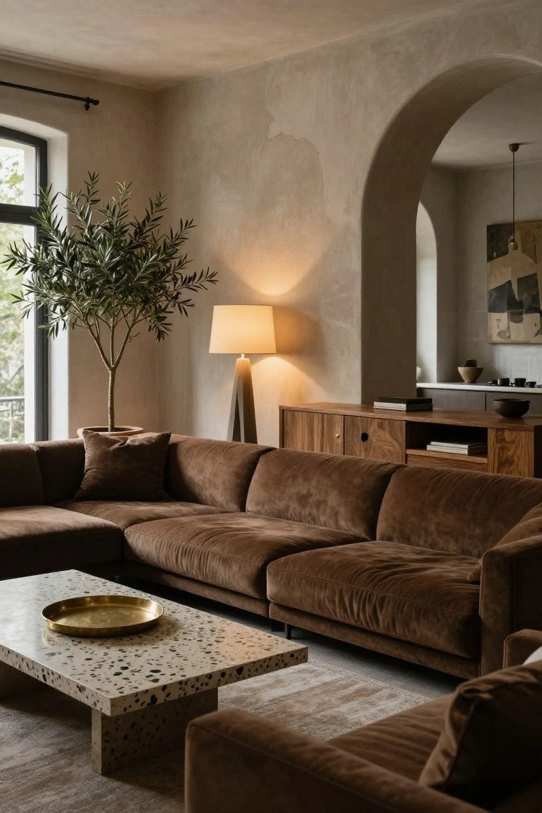 Living room with brown L-shaped velvet sofa, terrazzo coffee table with brass tray, potted olive tree, floor lamp, wooden credenza, and arched opening to kitchen on textured beige walls.