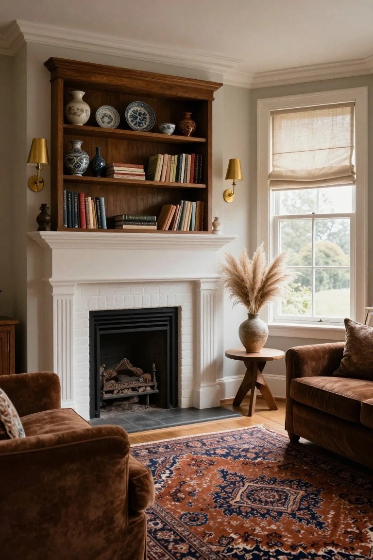 Living room with two brown velvet armchairs near a white brick fireplace mantel, wooden bookshelves filled with books and ceramics, potted pampas grass by a window, tripod side table, and red and navy Persian rug on hardwood floor.