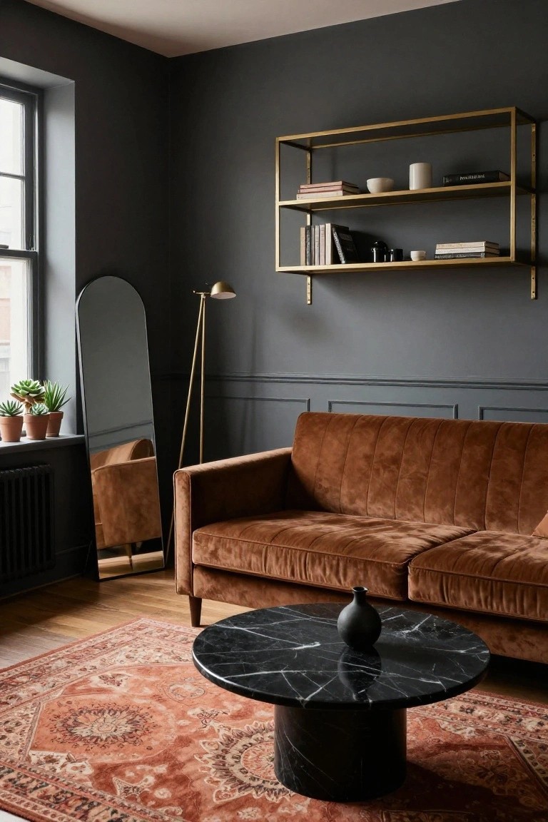 A living room with dark gray paneled walls, a burnt orange velvet sofa, black marble pedestal coffee table, brass wall shelves holding books and ceramics, a full-length arched mirror, potted succulents, and a floor lamp.
