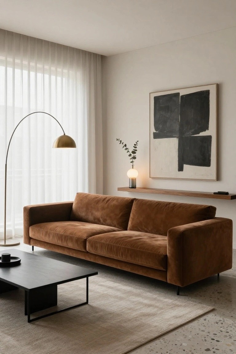 Modern living room with brown velvet sofa, black metal coffee table, gold arched floor lamp, wooden shelf holding a globe lamp and eucalyptus sprig, large abstract black and white painting, sheer curtains over windows, neutral walls and light-colored rug.