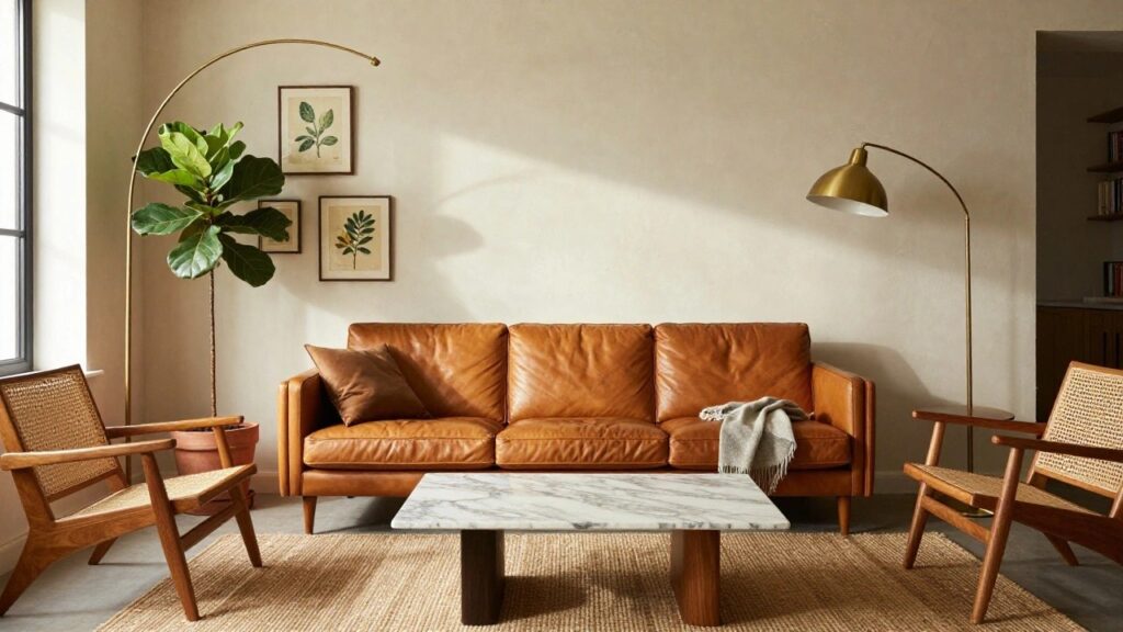 A sunlit living room with a tan leather three-seat sofa, cream walls, two framed botanical prints, a large potted fiddle leaf fig plant, gold arc lamp, wooden side table, rattan chair, marble coffee table, and seagrass rug on hardwood floors.