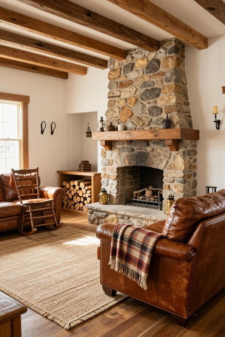 Living room with brown leather sofas, rocking chair, stone fireplace, exposed wood beams, firewood stack, lanterns, and jute rug on wood floor.
