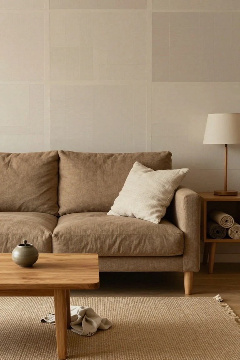 A living room with a brown textured linen sofa, wooden coffee table topped with a gray ceramic pot, wooden side table with beige lamp and rolled towels, beige grid-patterned walls, and light wood floors.