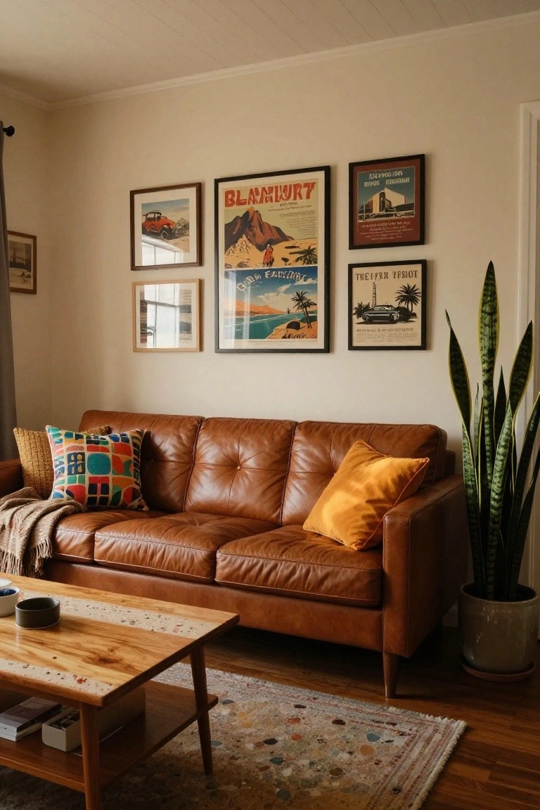 Living room with tan tufted leather sofa topped with colorful patterned pillows and a throw blanket, wooden coffee table, gallery wall of four vintage travel posters, tall snake plant in pot, and multicolored rug on wood floor.